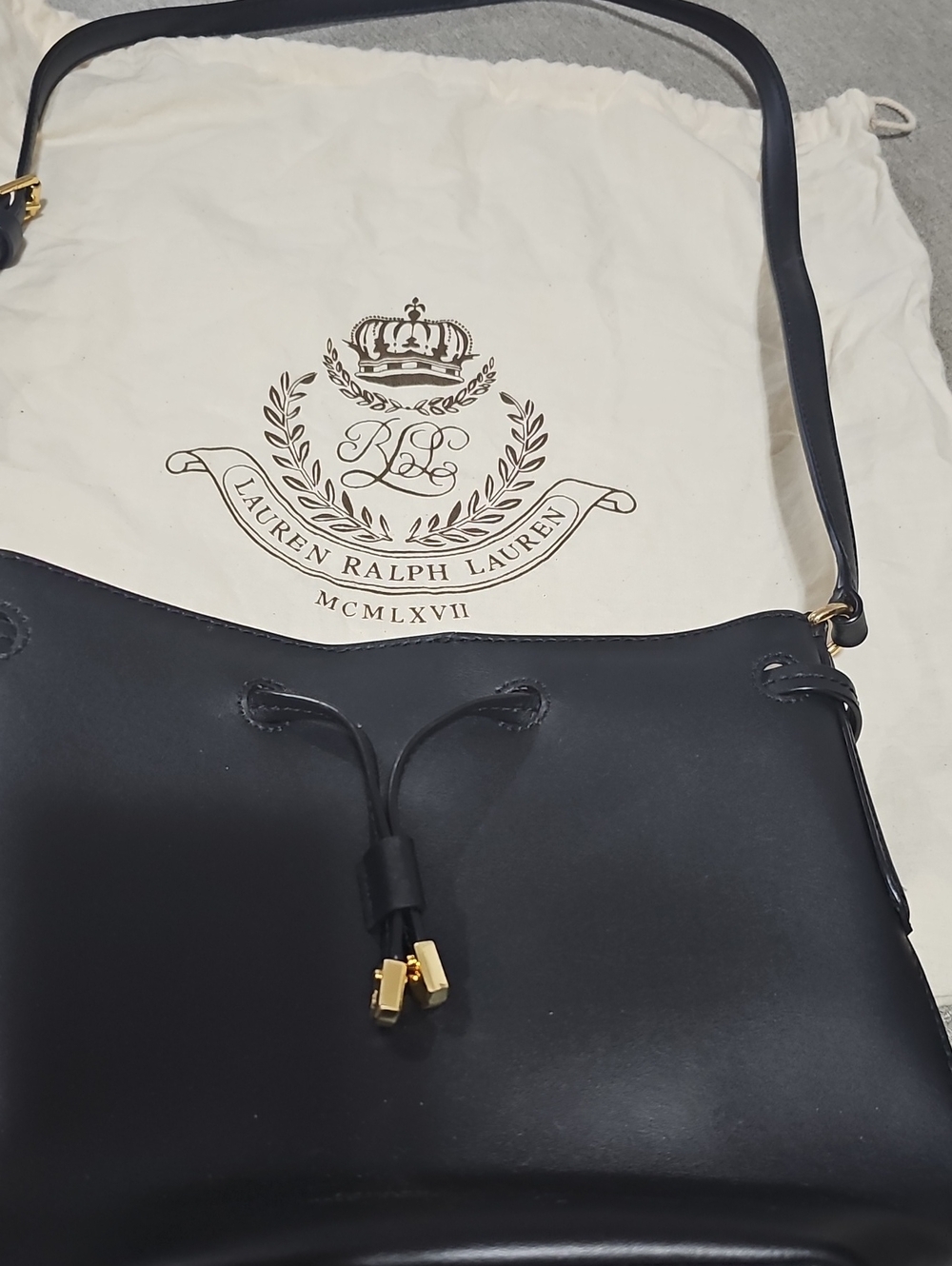 Lauren Ralph Lauren Black Leather Drawstring Shoulder Bag with Gold Accents